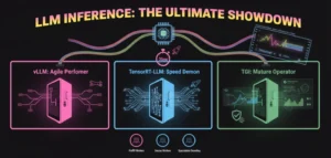 vLLM vs TensorRT-LLM vs Hugging Face TGI vs LMDeploy, LLM inference comparison, best LLM inference engine, GPU-accelerated model serving, LLM deployment stack, TensorRT-LLM benchmarks, vLLM performance, Hugging Face TGI production server, LMDeploy throughput optimization, LLM quantization frameworks, large-scale model inference, enterprise AI deployment, high-performance LLM serving, continuous batching, paged KV cache, speculative decoding.