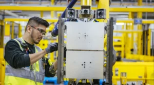 Amazon warehouse robots, AI-driven learning in robotics, warehouse automation AI, Amazon robotics technology, AI robots handling diverse products, smart fulfillment centers, AI-powered warehouse robots, machine learning in logistics, robotic picking systems, AI in supply chain, Amazon fulfillment robotics, robotic arms in warehouses, tactile sensing robots, computer vision in warehouses